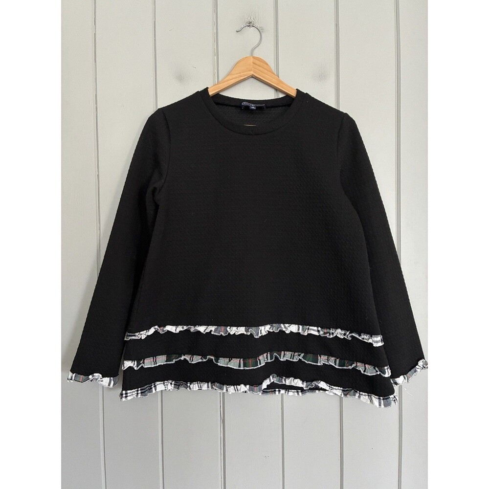 Duffield Lane Sweatshirt S Small Black Textured Plaid Ruffles Crew Neck Preppy